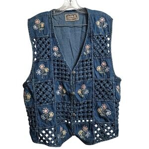 VTG Cottage Tantrum Blues Denim Vest Women XL Floral Embroidered Lattice Cutout
